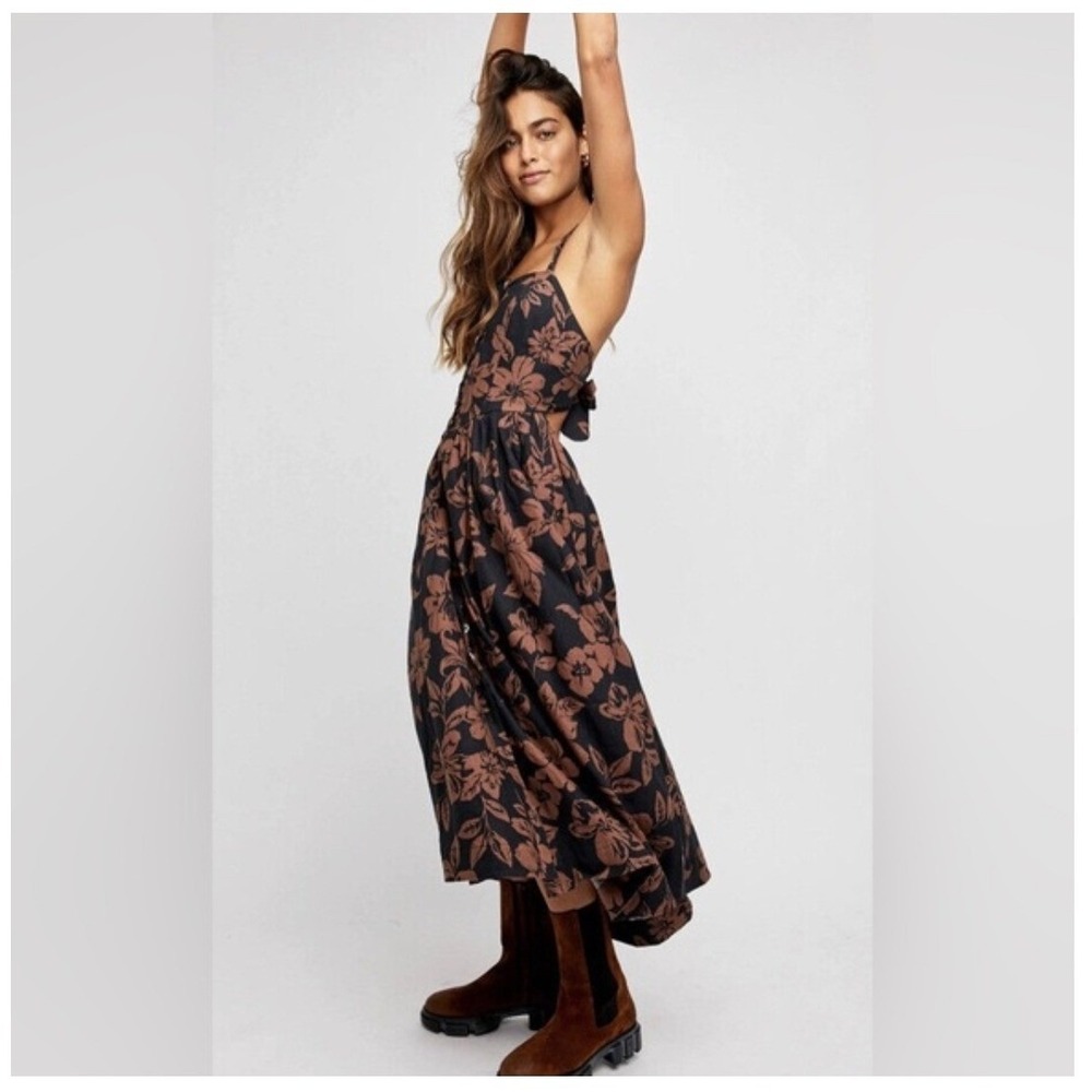 Free People Floral Button Down Midi Dress Brown Black Open Back Size M